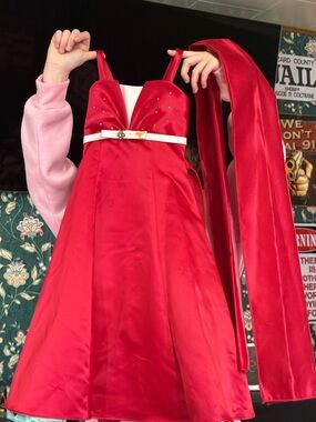 Girls' Red Formal Satin Dress with Sash